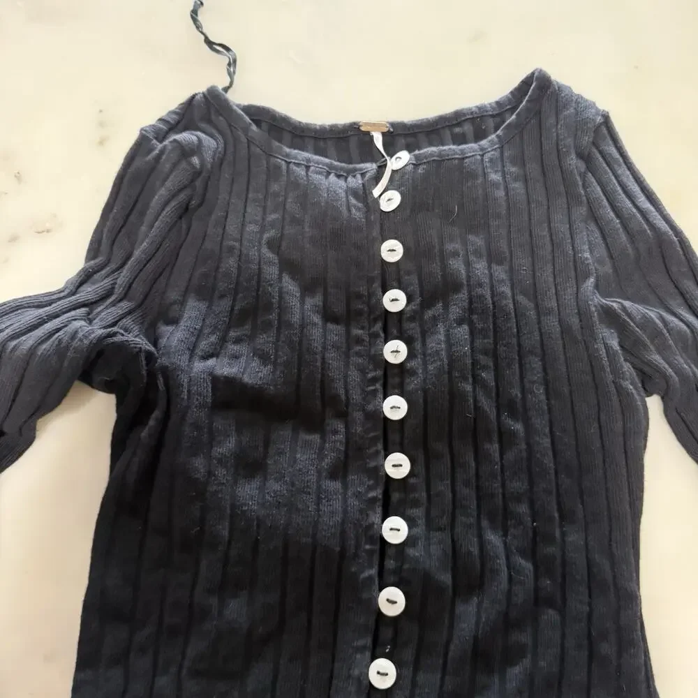Free People XS Tilly Long-Sleeve Cardi Blouse Top Knit Ribbed Buttondown Black